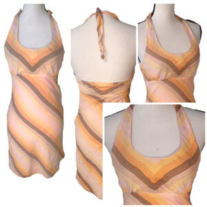 Y2k Billabong Halter Babydoll Dress XS Orange Brown stripe Boho Festival Vtg 90s